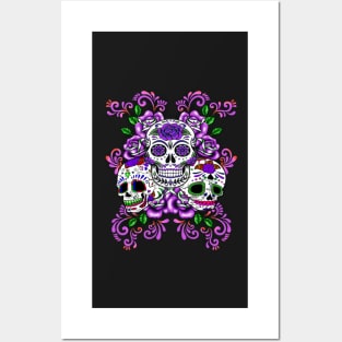 Triple Skull Purple Floral Day Of The Dead Sugar Skulls Posters and Art